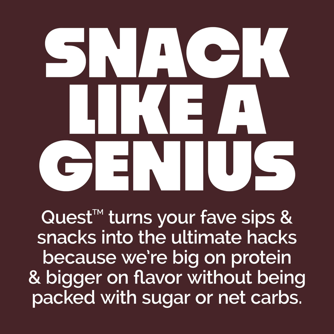 Promotional text for Quest snacks on a purple background