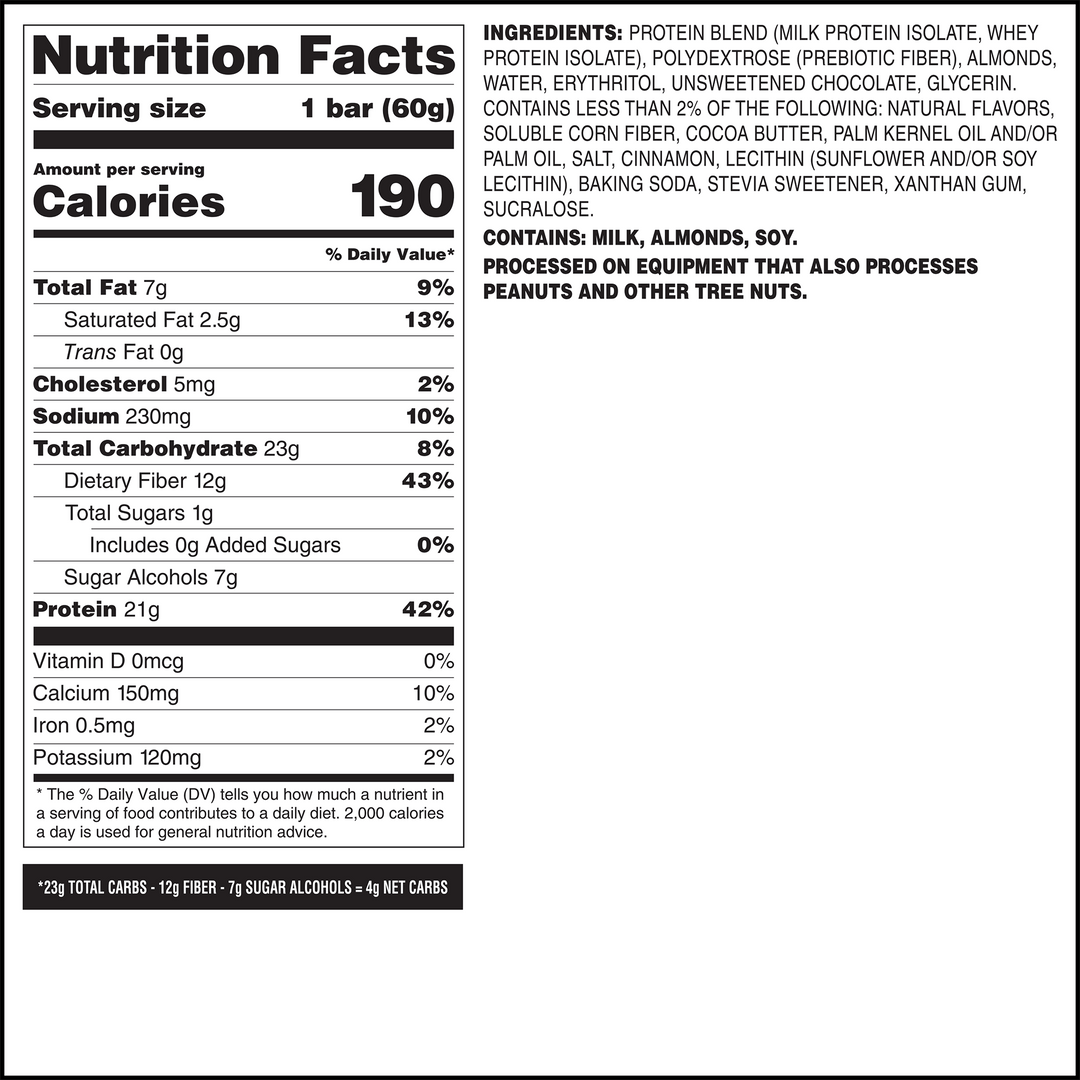 Nutrition facts label and ingredients list for a protein bar on a white background