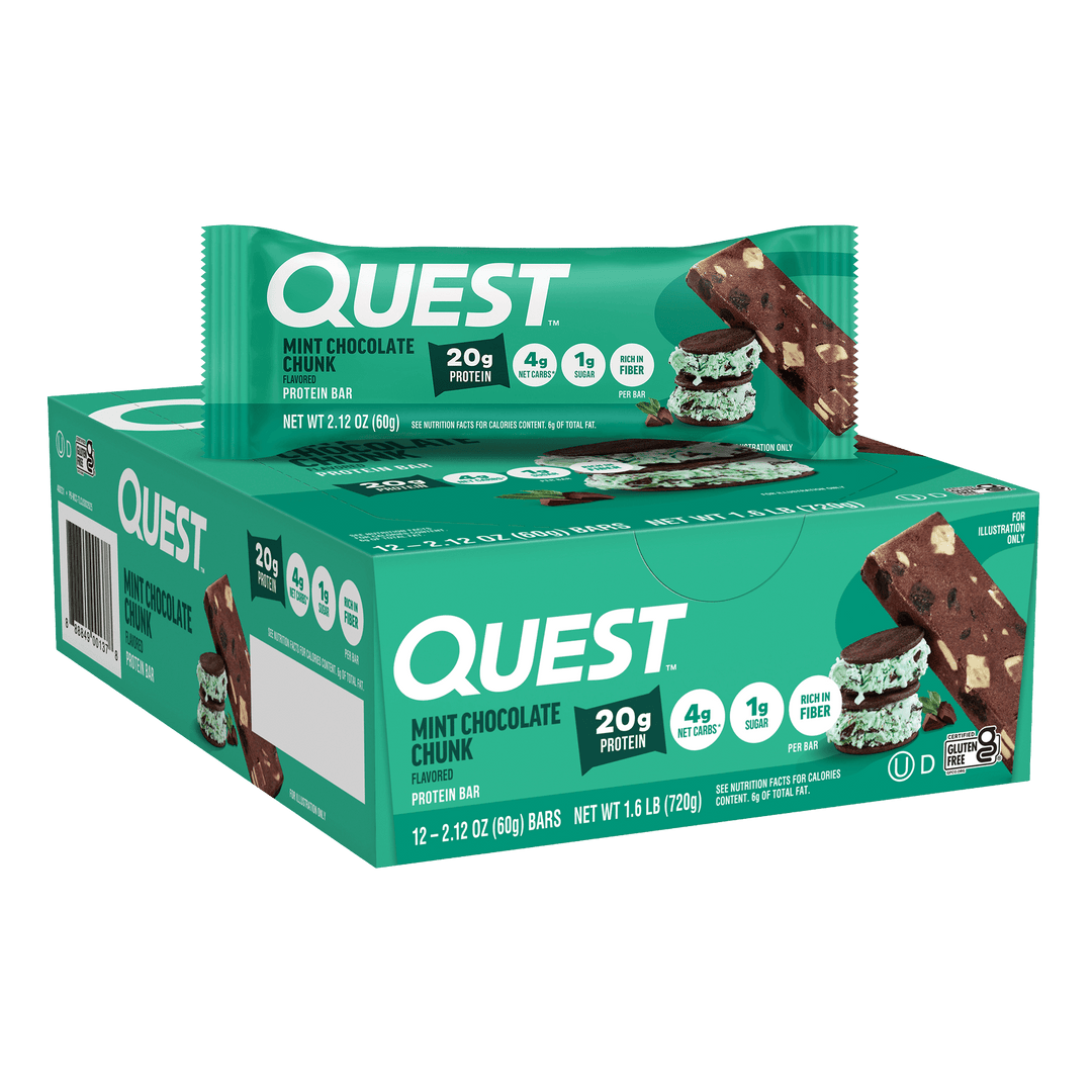 Box of Quest Mint Chocolate Chunk protein bars. Features green packaging with a bar image and nutrition highlights: 20g protein, 4g net carbs.