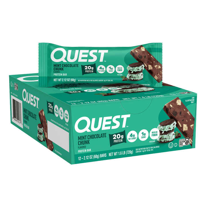 Box of Quest Mint Chocolate Chunk protein bars. Features green packaging with a bar image and nutrition highlights: 20g protein, 4g net carbs.