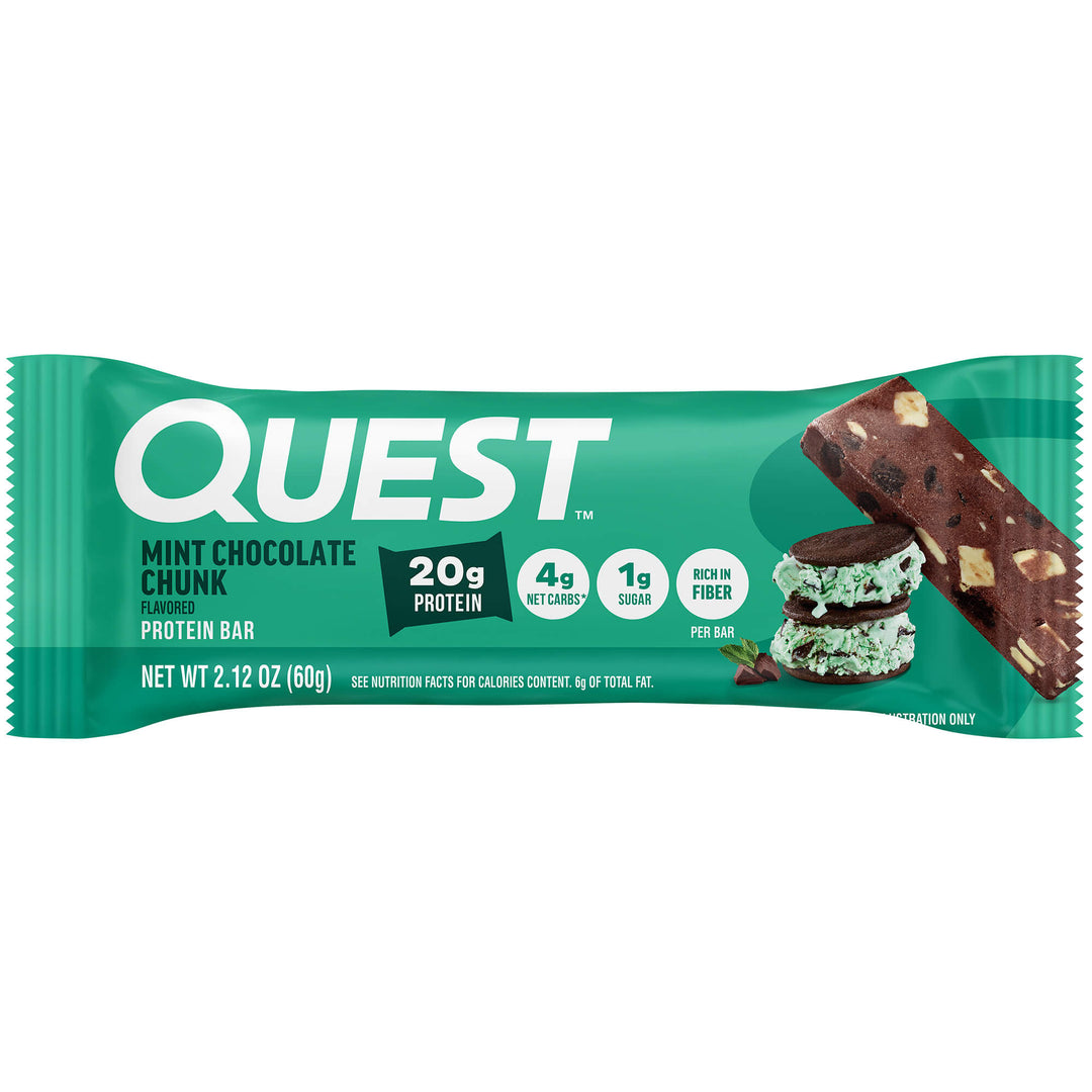 Packaged Quest mint chocolate chunk protein bar, teal wrapper. Labels show 20g protein, 4g net carbs, 1g sugar. Image of mint ice cream sandwich and bar.