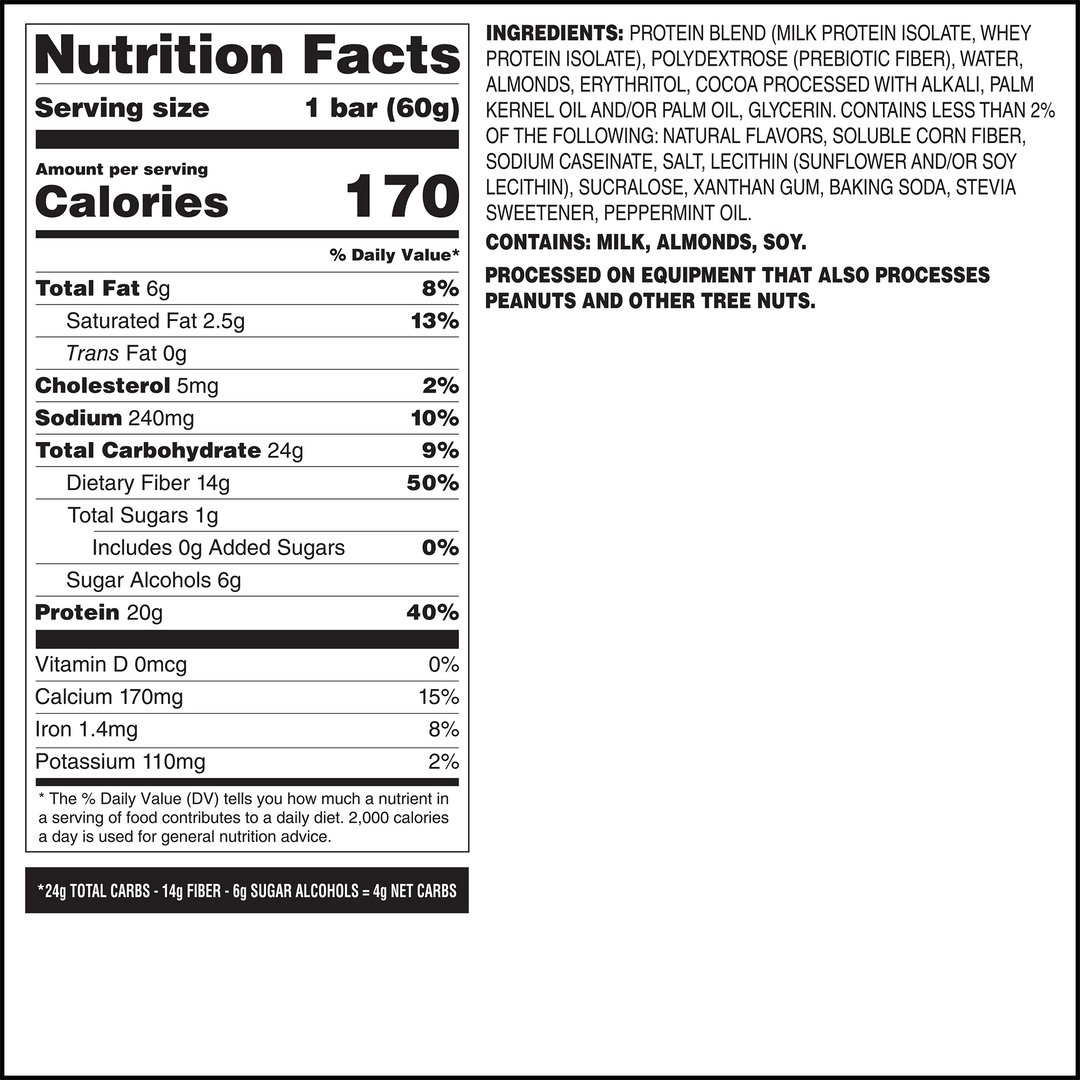 Nutrition label with 170 calories per serving (1 bar, 60g). Key details: 6g total fat, 24g carbs, 20g protein. Contains milk, almonds, soy.