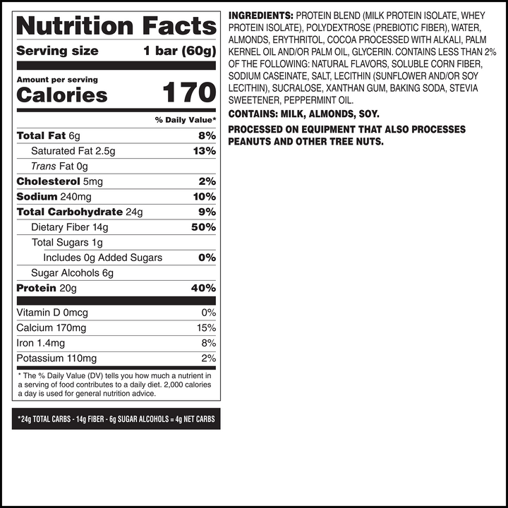 Nutrition label with 170 calories per serving (1 bar, 60g). Key details: 6g total fat, 24g carbs, 20g protein. Contains milk, almonds, soy.