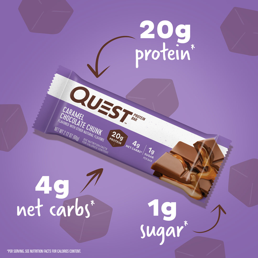 Caramel Chocolate Chunk Protein Bars; 20g protein*, 4g net carbs*, 1g sugar*