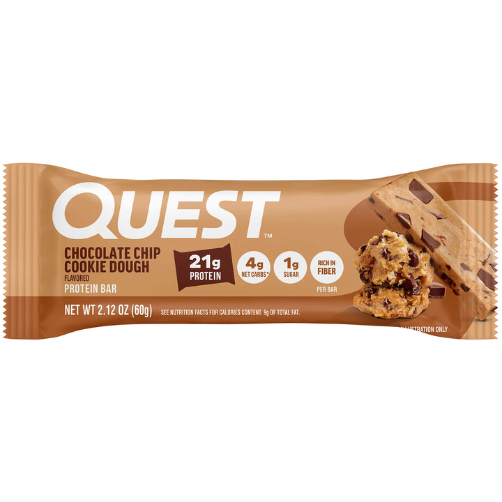 Quest protein bar packaging for chocolate chip cookie dough flavor on a white background