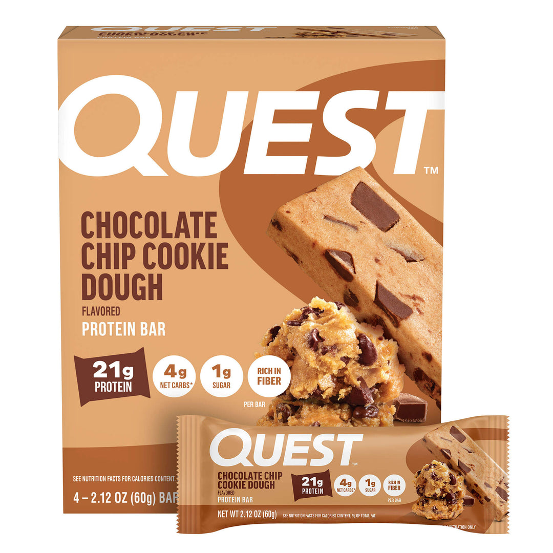 Quest Chocolate Chip Cookie Dough protein bar packaging on a white background