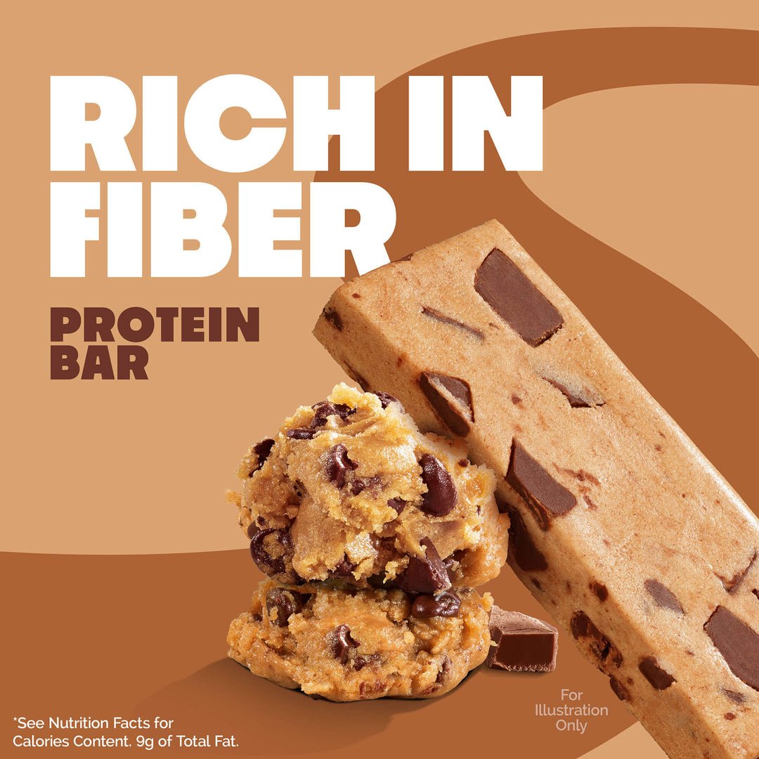 Protein bar with chocolate chips on a brown background, labeled 'Rich in Fiber'.