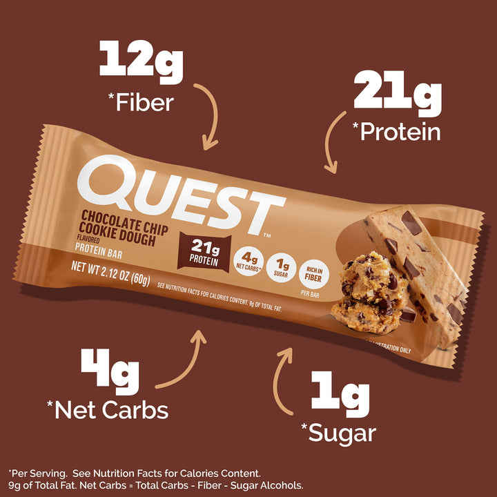 Quest protein bar packaging with nutritional information on a brown background