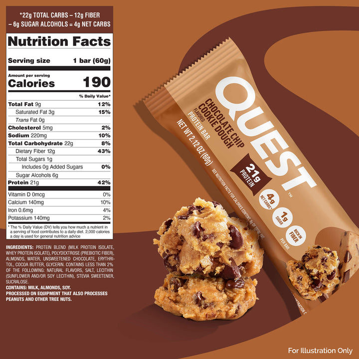 Quest protein bar with chocolate chip cookie dough flavor on a brown background