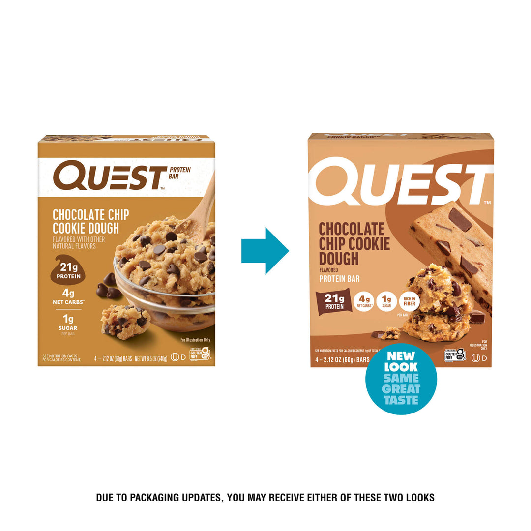 Two Quest Protein Bar boxes for Chocolate Chip Cookie Dough flavor on a white background.