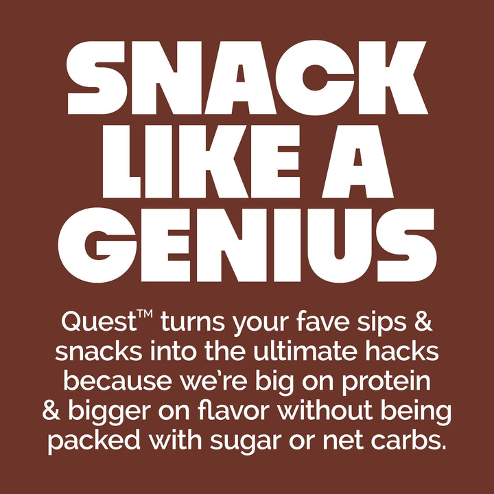 Promotional text for Quest snacks on a brown background