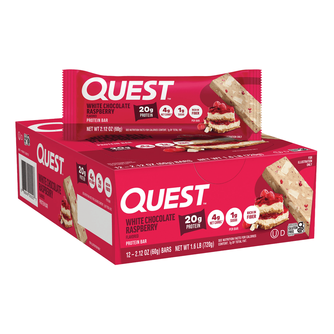 Box of Quest White Chocolate Raspberry protein bars