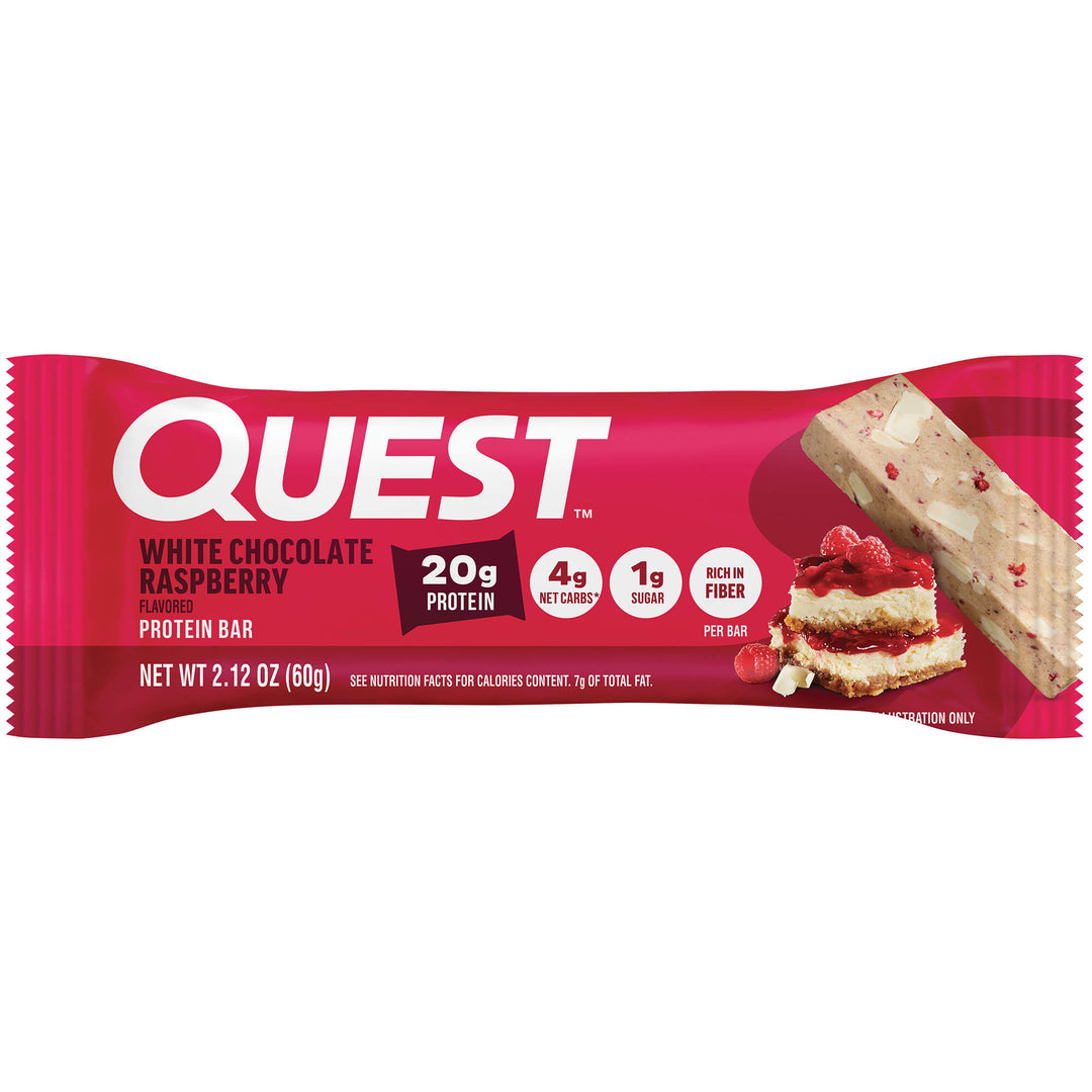 Quest White Chocolate Raspberry protein bar packaging on a white background