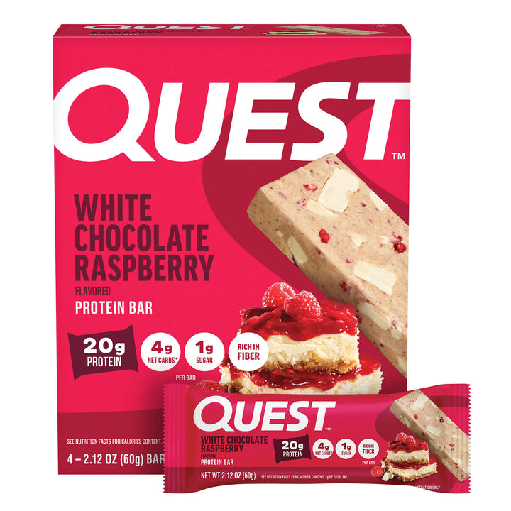 Quest White Chocolate Raspberry protein bar packaging on a white background