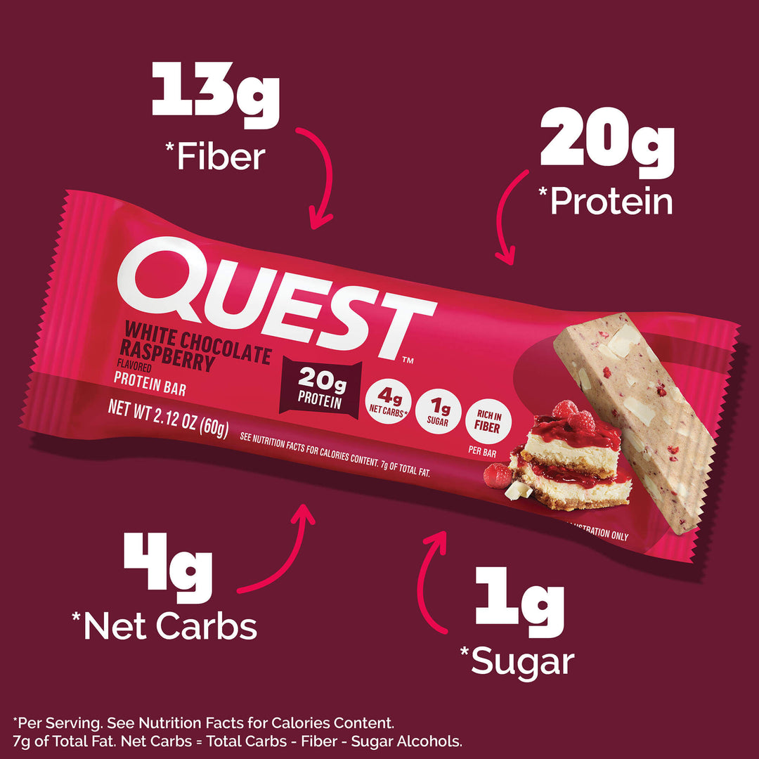 Quest protein bar packaging with nutritional information on a red background