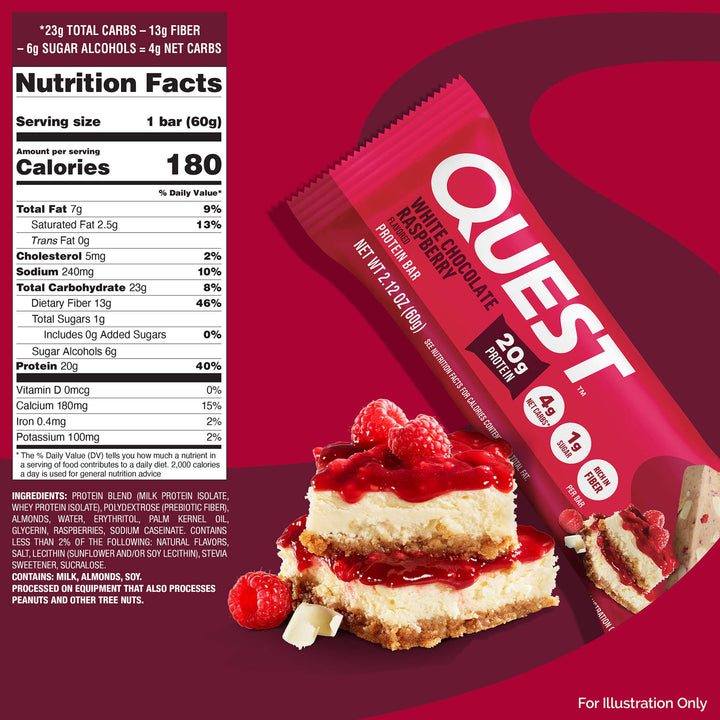 Quest protein bar packaging with a cheesecake bar on a red background