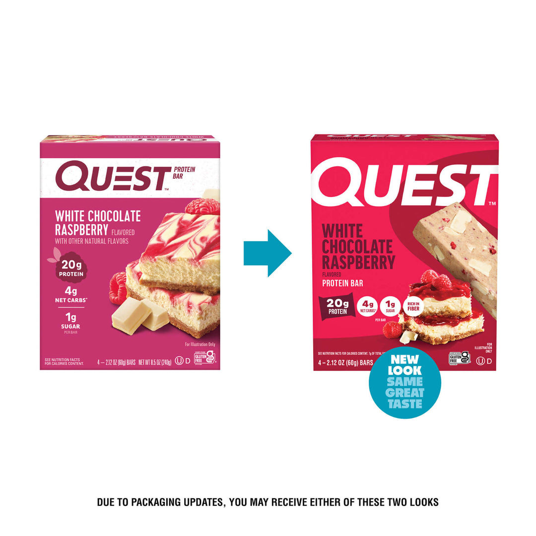 Two Quest protein bar boxes for White Chocolate Raspberry flavor on a white background