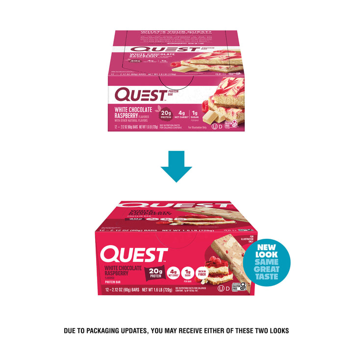 Two boxes of Quest White Chocolate Raspberry protein bars with a blue arrow pointing to the top box.