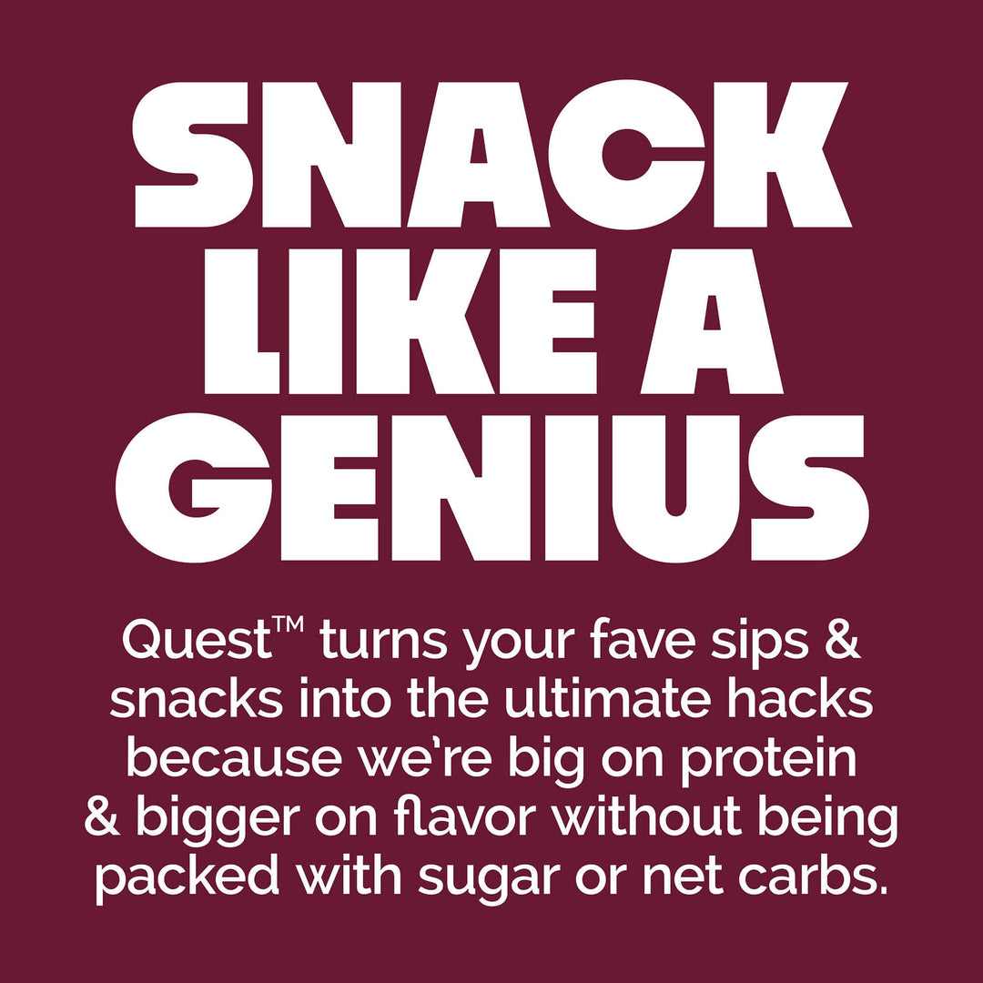 Promotional text for Quest snacks on a purple background