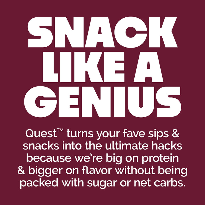 Promotional text for Quest snacks on a purple background
