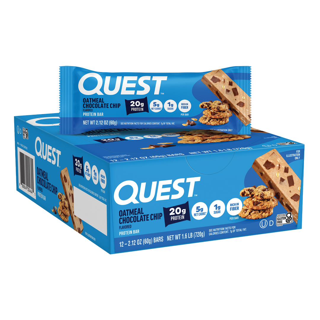 Box of Quest Oatmeal Chocolate Chip Protein Bars. Blue packaging highlights 20g protein, 5g net carbs, and 1g sugar. Image of cookies on the front.
