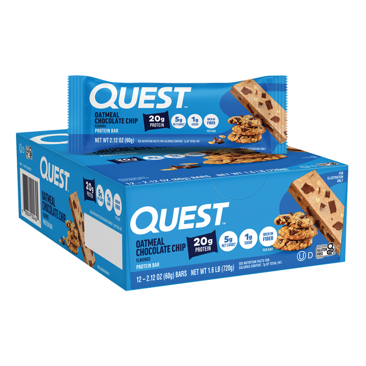Box of Quest Oatmeal Chocolate Chip Protein Bars. Blue packaging highlights 20g protein, 5g net carbs, and 1g sugar. Image of cookies on the front.