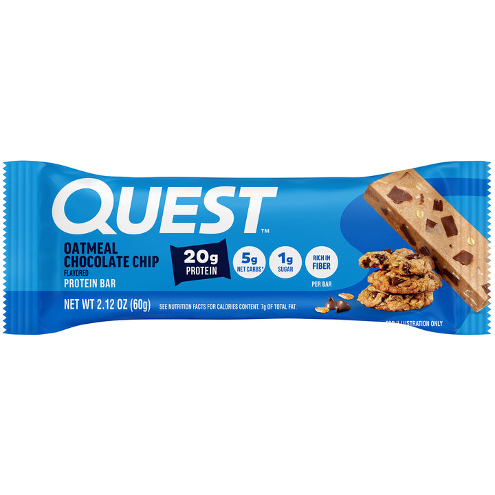 Blue packaging of a Quest Oatmeal Chocolate Chip protein bar, showcasing 20g protein, 5g net carbs, 1g sugar, and cookie illustrations, emphasizing health benefits.