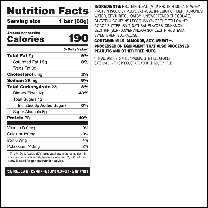 Nutrition Facts label for a protein bar. It shows 190 calories, 7g fat, 23g carbs with 12g fiber, 1g sugar, and 20g protein. Contains milk, almonds, soy, and wheat.