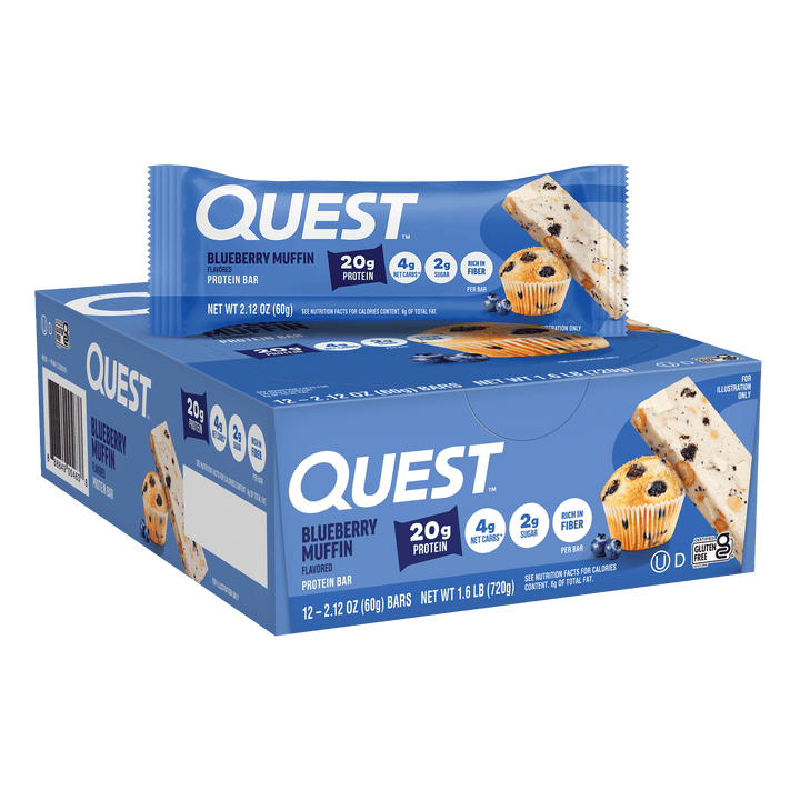 Box of Quest Blueberry Muffin Protein Bars with a single wrapped bar on top. Packaging highlights 20g protein, low carbs, and showcases blueberry chunks.