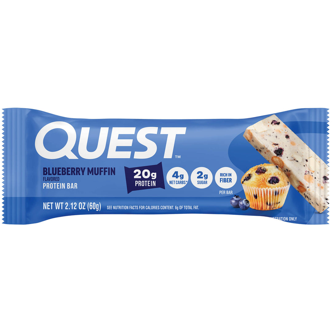 Blue wrapper of a Quest Blueberry Muffin Protein Bar, featuring a muffin, protein bar slice, and nutrition details: 20g protein, 4g net carbs, 2g sugar.