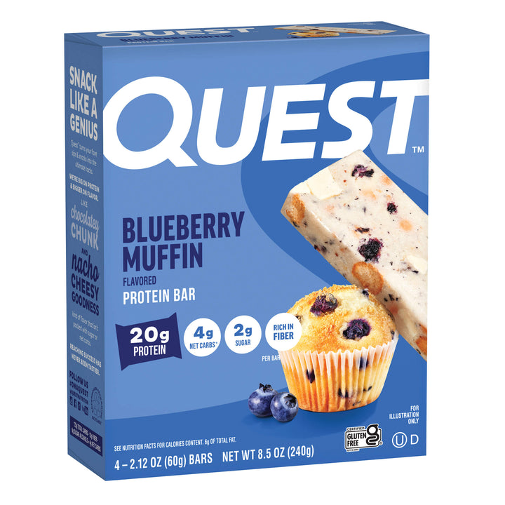 Box of Quest Blueberry Muffin Protein Bars with image of a bar and muffin. Text highlights 20g protein, 4g net carbs, 2g sugar, gluten-free.