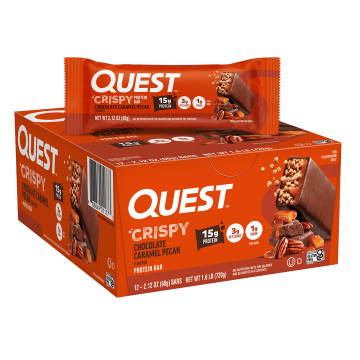Orange box and bar wrapper for Quest Crispy Chocolate Caramel Pecan protein bar. Features bar image, 15g protein, 3g net carbs, 1g sugar.
