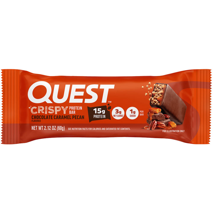 Orange Quest Crispy Protein Bar wrapper labeled "Chocolate Caramel Pecan." Highlights: 15g protein, 3g net carbs, 1g sugar. Image of chocolate bar with pecans.