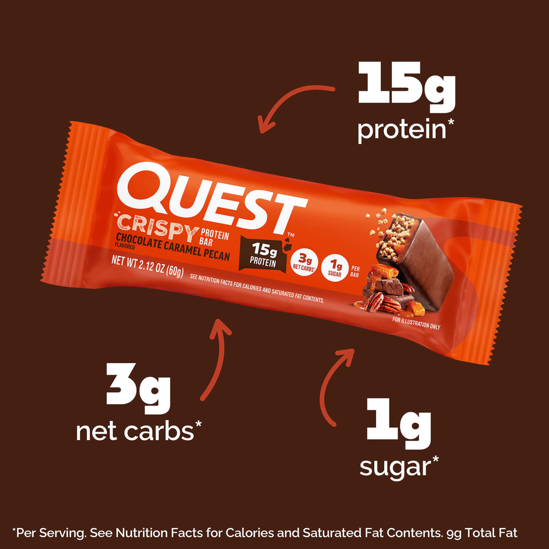Orange Quest Crispy Protein Bar package with chocolate caramel pecan flavor. Highlights include 15g protein, 3g net carbs, and 1g sugar.
