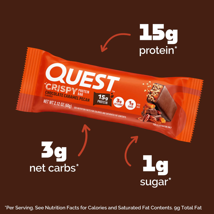 Orange Quest Crispy Protein Bar package with chocolate caramel pecan flavor. Highlights include 15g protein, 3g net carbs, and 1g sugar.