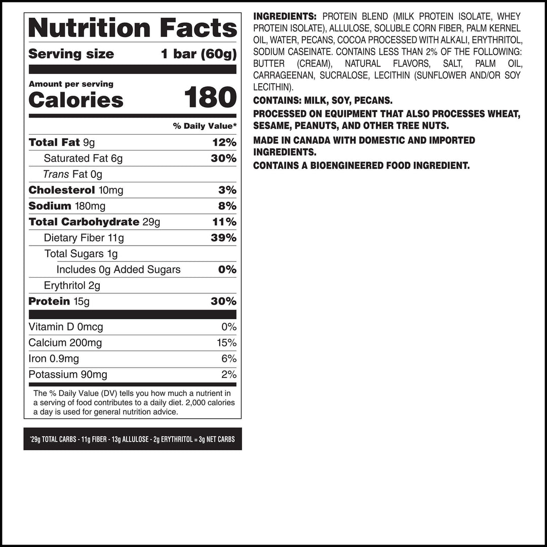 Alt text: Nutrition label for a protein bar. Contains 180 calories, 15g protein, 9g fat, and 29g carbohydrates per 60g serving. Ingredients include milk and soy.