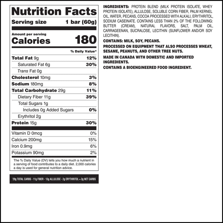 Alt text: Nutrition label for a protein bar. Contains 180 calories, 15g protein, 9g fat, and 29g carbohydrates per 60g serving. Ingredients include milk and soy.
