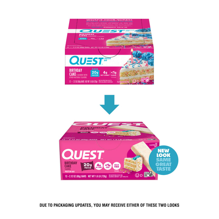 Quest Birthday Cake Protein Bar packaging update comparing previous and new 12-count box design.