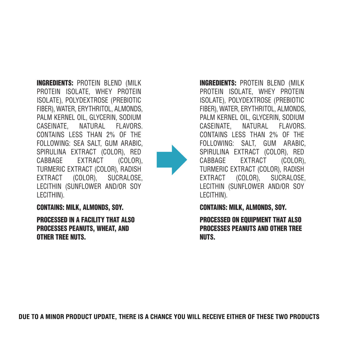 Quest Birthday Cake Protein Bar ingredient label comparison showing updated packaging information.