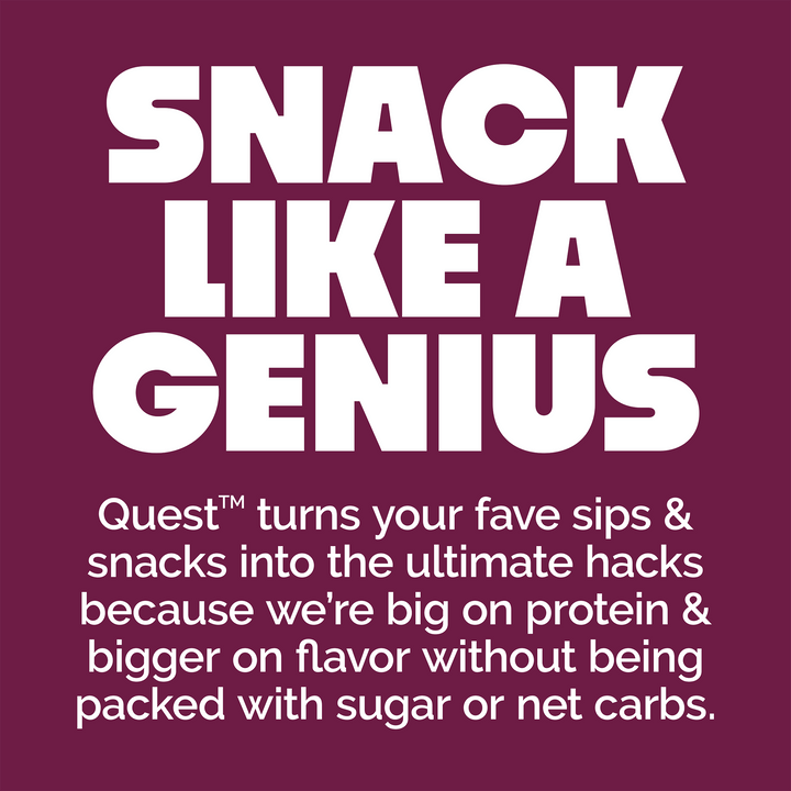 Quest Birthday Cake Protein Bar promotional graphic featuring the slogan "Snack Like a Genius."