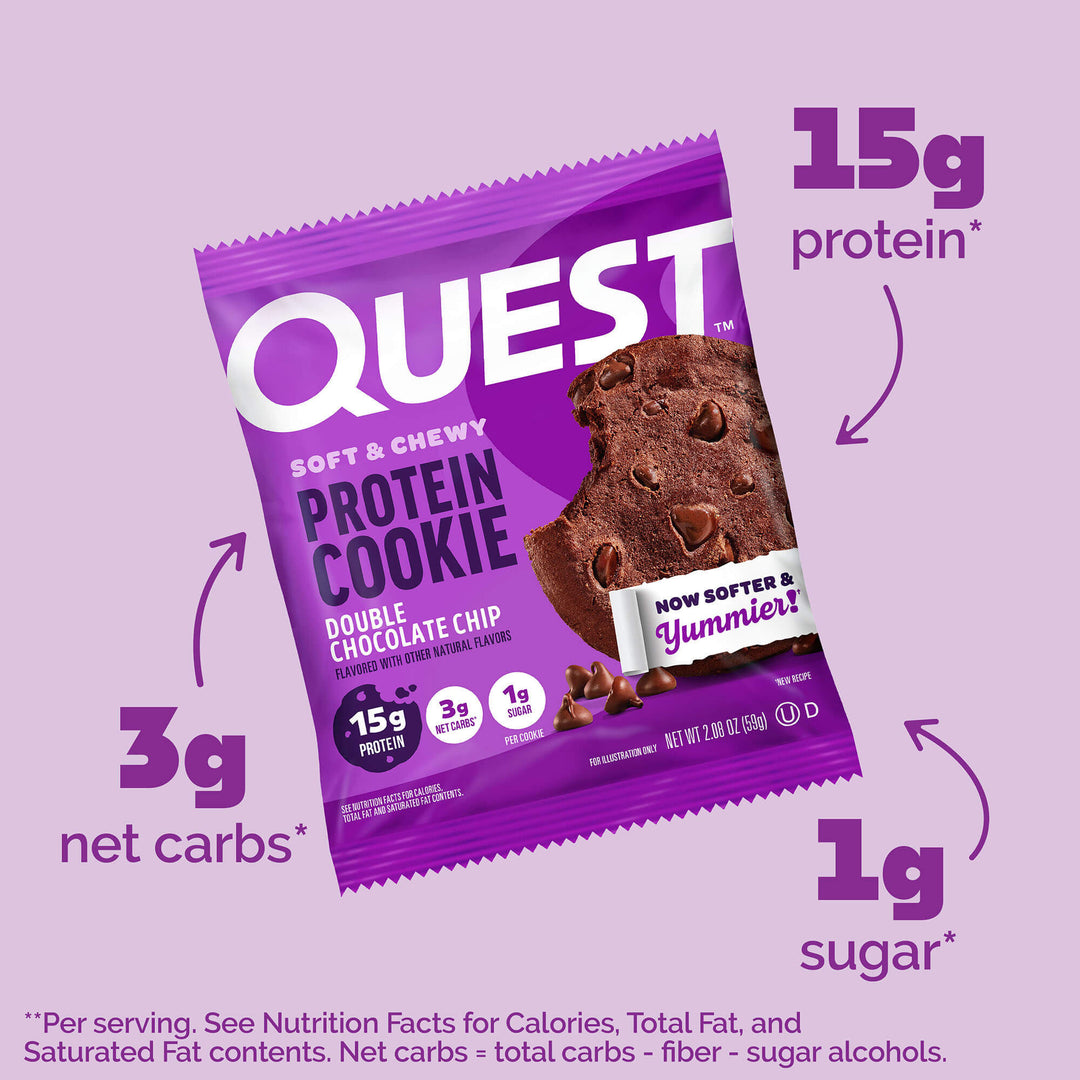 Double Chocolate Chip Cookies
; 15g Protein*; 3g Net Carbs*; 1g Sugar*; **Per serving. See Nutrition Facts for calories Total fat, and saturated fat contents. Net carbs = total carbs - fiber - sugar alcohols.