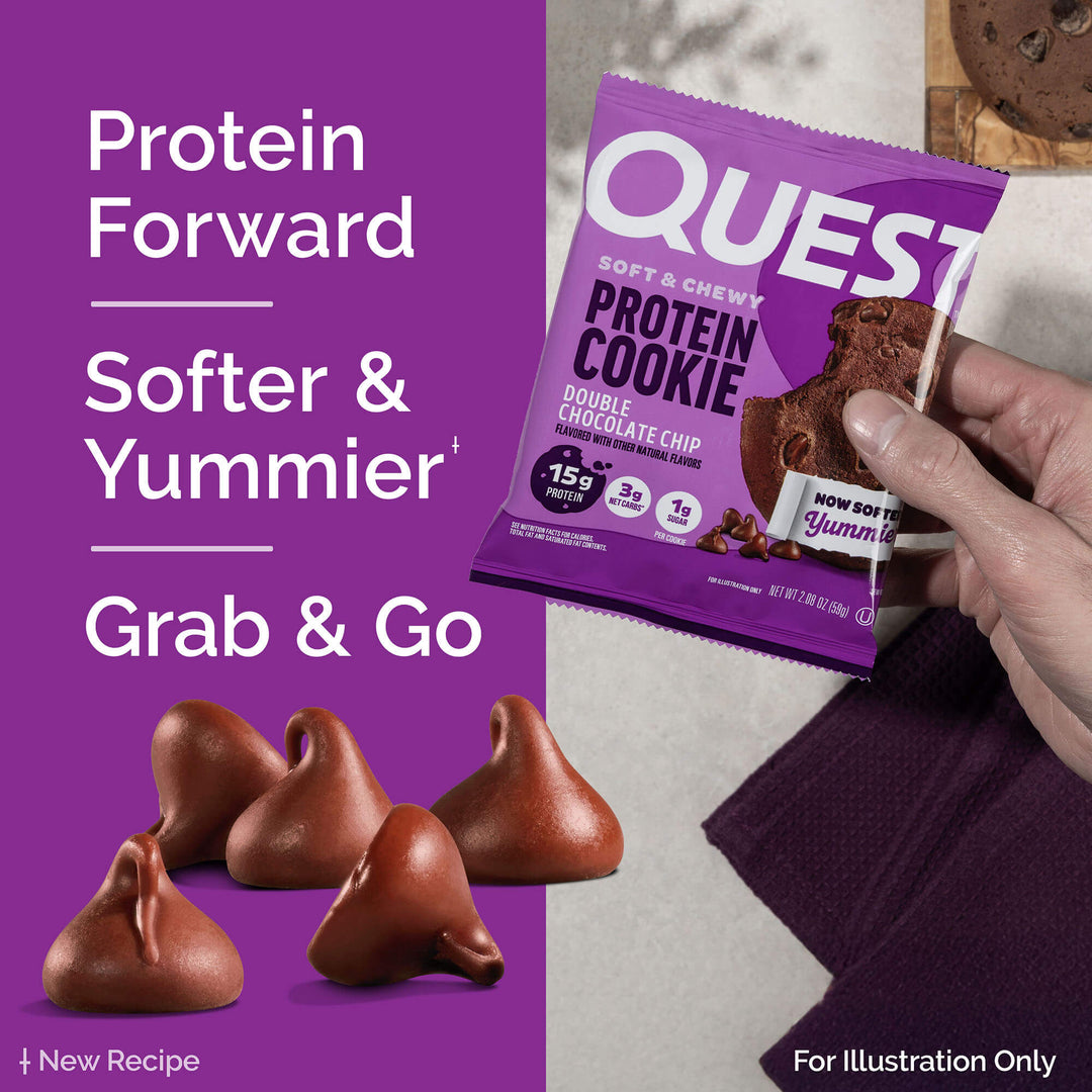 Double Chocolate Chip Cookies: Protein forward; Softer & Yummier+; Grab & Go; +New Recipe; For illustration Only
