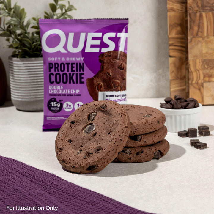 Double Chocolate Chip Cookies unwrapped cookies with chocolate chips next to it