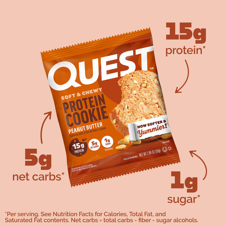 Peanut Butter Protein Cookies; 15g Protein*; 5g Net Carbs*; 1g Sugar*; **Per serving. See Nutrition Facts for calories Total fat, and saturated fat contents. Net carbs = total carbs - fiber - sugar alcohols.