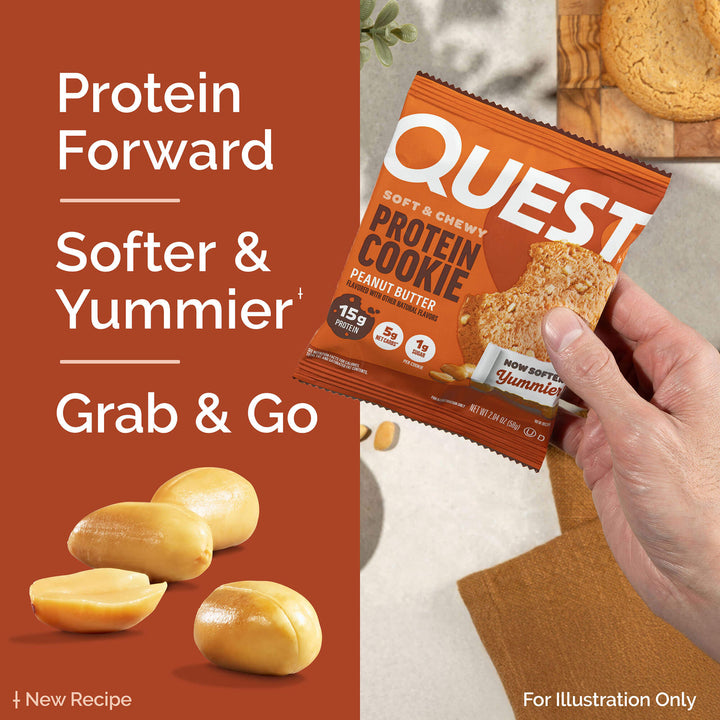 Peanut Butter Protein Cookies; Protein forward; Softer & Yummier+; Grab & Go; +New Recipe; For illustration Only