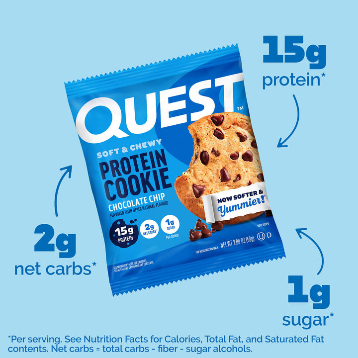 Chocolate Chip Protein Cookies; 15g Protein*; 2g Net Carbs*; 1g Sugar*; **Per serving. See Nutrition Facts for calories Total fat, and saturated fat contents. Net carbs = total carbs - fiber - sugar alcohols.
