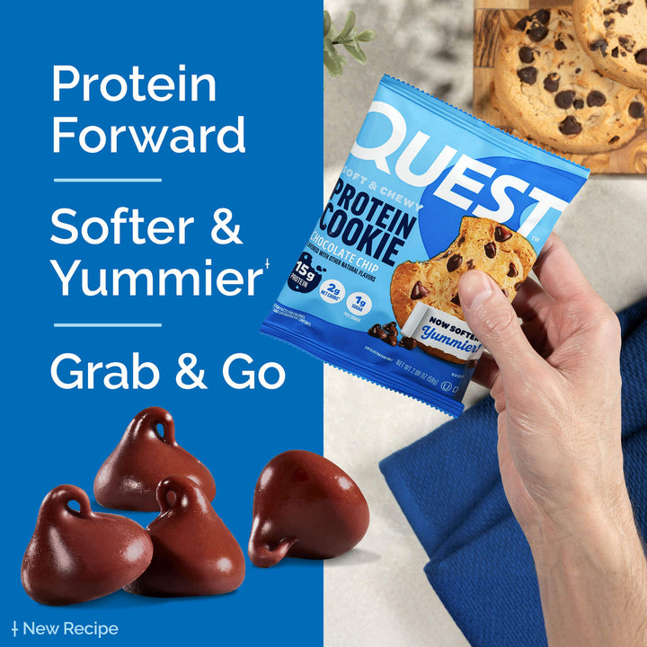 Chocolate Chip Protein Cookies; Protein forward; Softer & Yummier+; Grab & Go; +New Recipe; For illustration Only