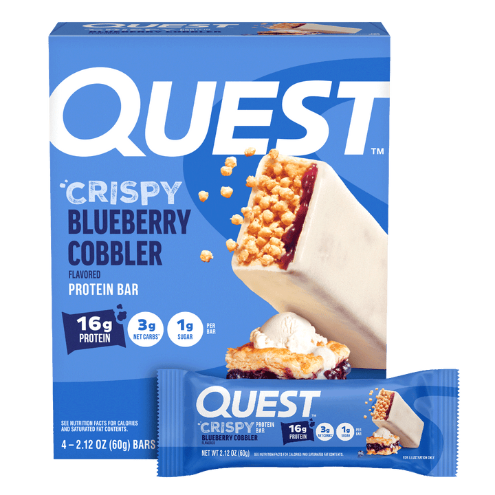 Quest Crispy Blueberry Cobbler protein bar packaging on a black background