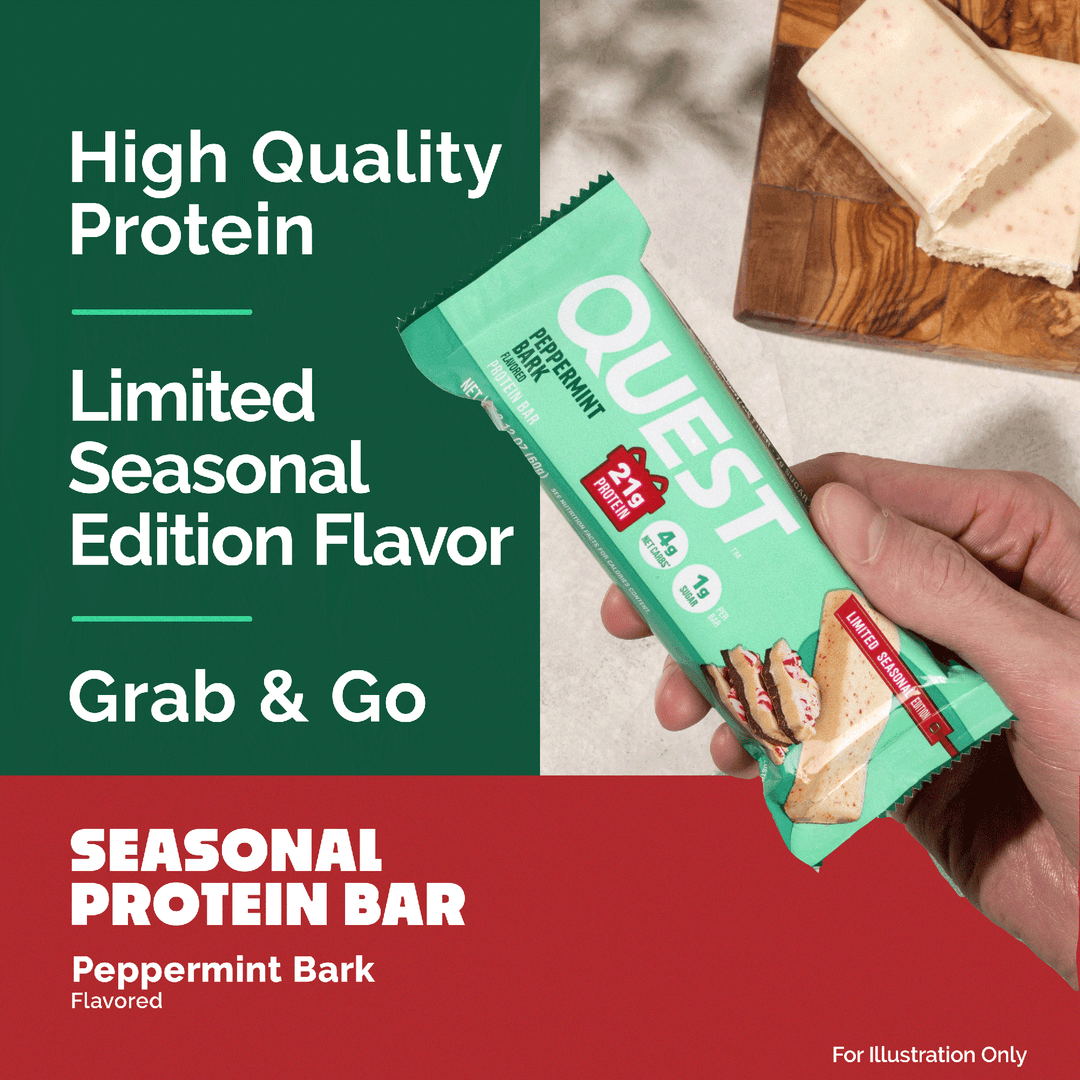 A hand holding a Quest Peppermint Bark protein bar wrapper, with promotional text on a dark green and red background and a photo of protein bars on a cutting board in the top right.