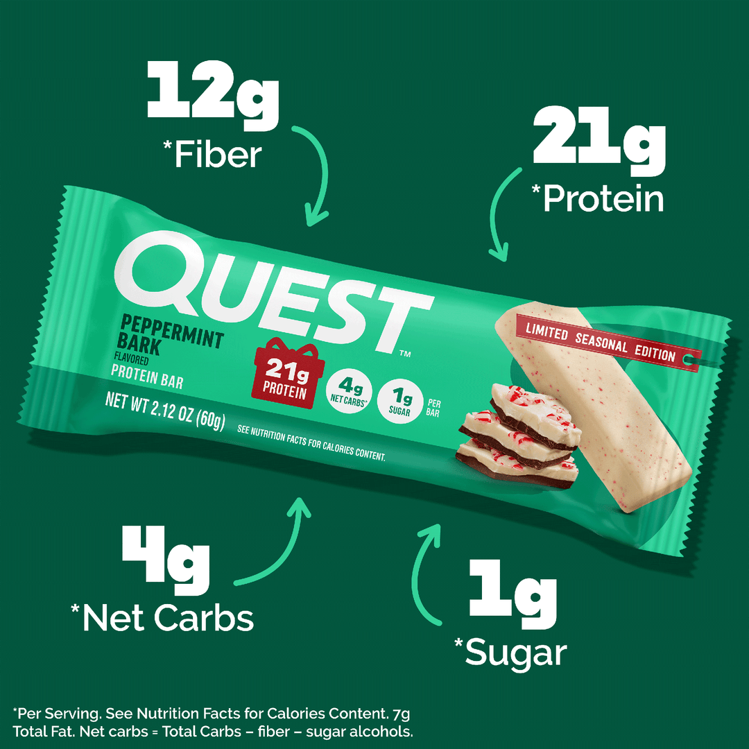 A green Quest protein bar package labeled Peppermint Bark, shown on a dark green background with callout arrows and text highlighting nutrition facts: 12g fiber, 21g protein, 4g net carbs, and 1g sugar.